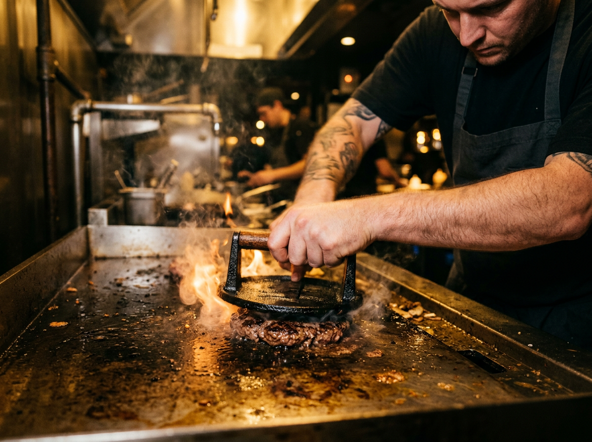 Chef smashing a beef patty on the flat-top grill